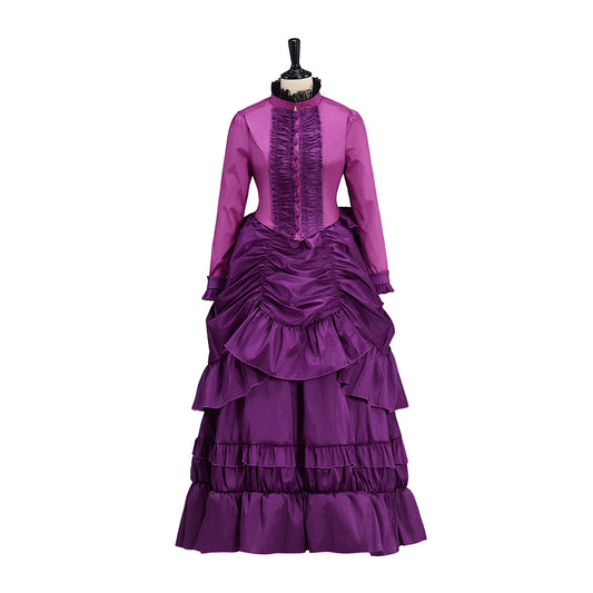 Medieval Purple Long Sleeved Gown with Layered Ruffles for Historical Reenactments Medieval Themed Events Halloween and Christmas
