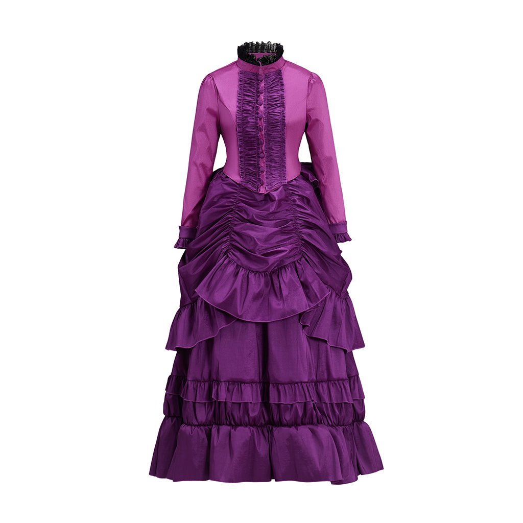 Medieval Purple Long Sleeved Gown with Layered Ruffles for Historical Reenactments Medieval Themed Events Halloween and Christmas