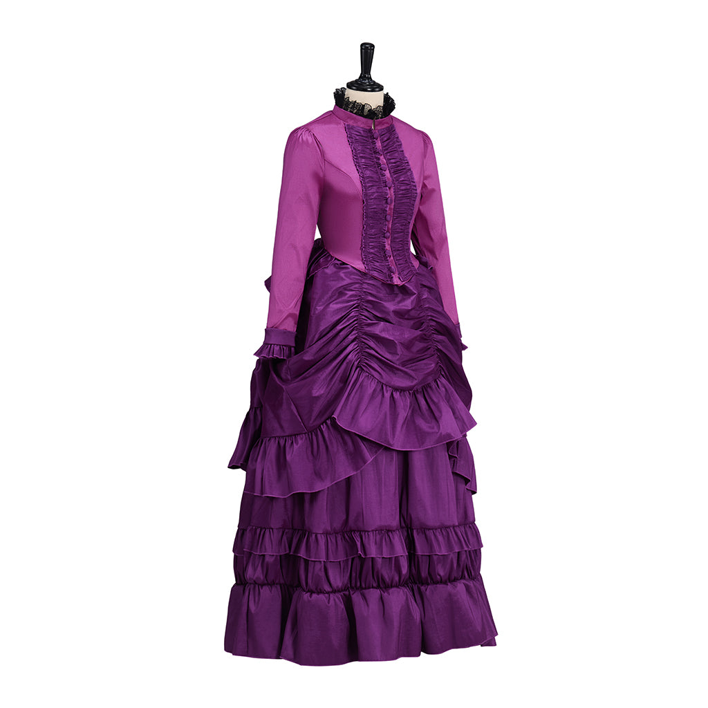 Medieval Purple Long Sleeved Gown with Layered Ruffles for Historical Reenactments Medieval Themed Events Halloween and Christmas