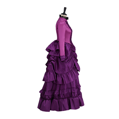 Medieval Purple Long Sleeved Gown with Layered Ruffles for Historical Reenactments Medieval Themed Events Halloween and Christmas