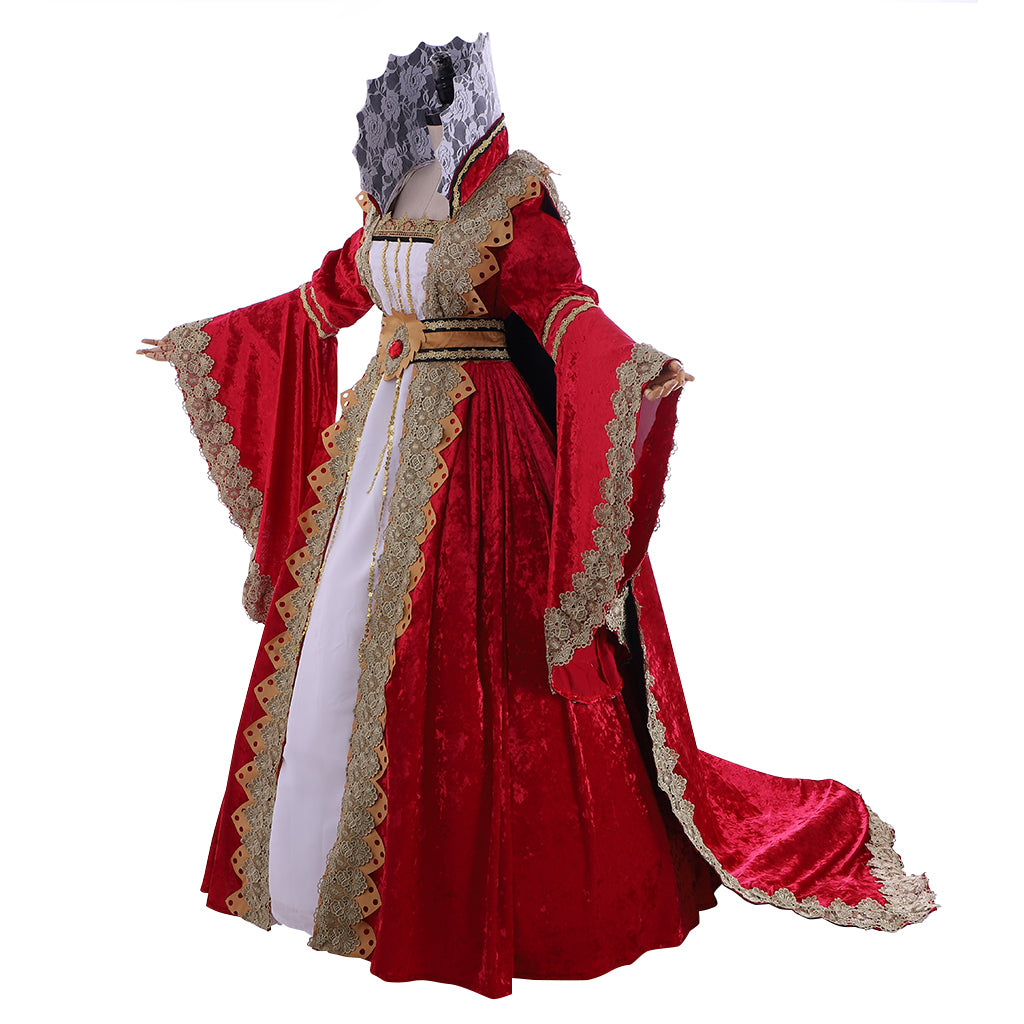 Queen Elizabeth Tudor Period Dress Renaissance Medieval Anne Boleyn Dress GownProm Outfit Princess Shakespeare Red - Gold Embroidered Long Sleeve Women's Halloween Carnival Valentine's Day Party Evening Party Masquerade Adults' Dress All