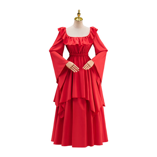 Medieval Red Square Neck Long Sleeved Gown with Tiered Details for Historical Reenactments Halloween and Christmas Celebrations
