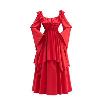 Medieval Red Square Neck Long Sleeved Gown with Tiered Details for Historical Reenactments Halloween and Christmas Celebrations