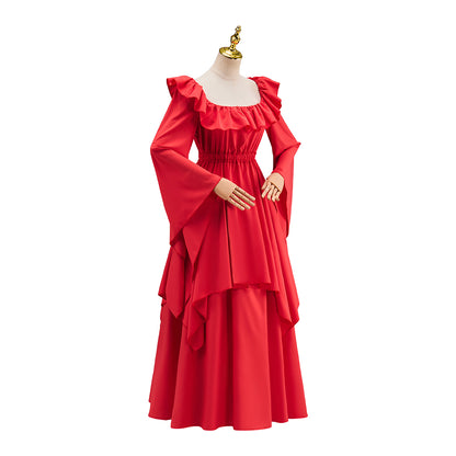 Medieval Red Square Neck Long Sleeved Gown with Tiered Details for Historical Reenactments Halloween and Christmas Celebrations