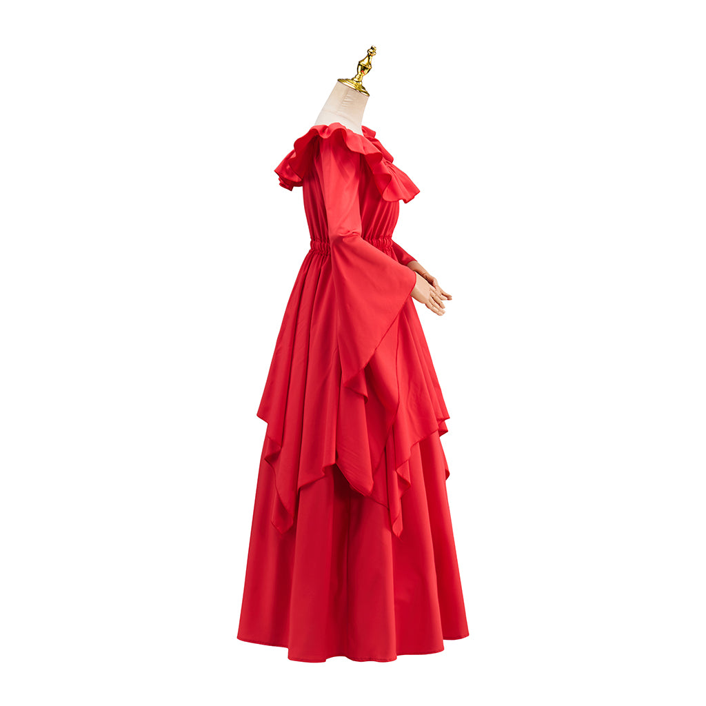 Medieval Red Square Neck Long Sleeved Gown with Tiered Details for Historical Reenactments Halloween and Christmas Celebrations