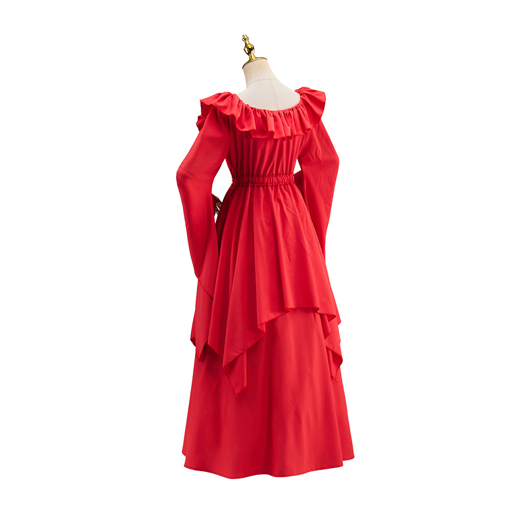 Medieval Red Square Neck Long Sleeved Gown with Tiered Details for Historical Reenactments Halloween and Christmas Celebrations