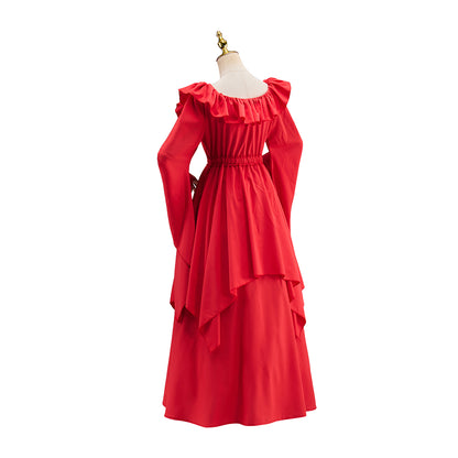 Medieval Red Square Neck Long Sleeved Gown with Tiered Details for Historical Reenactments Halloween and Christmas Celebrations