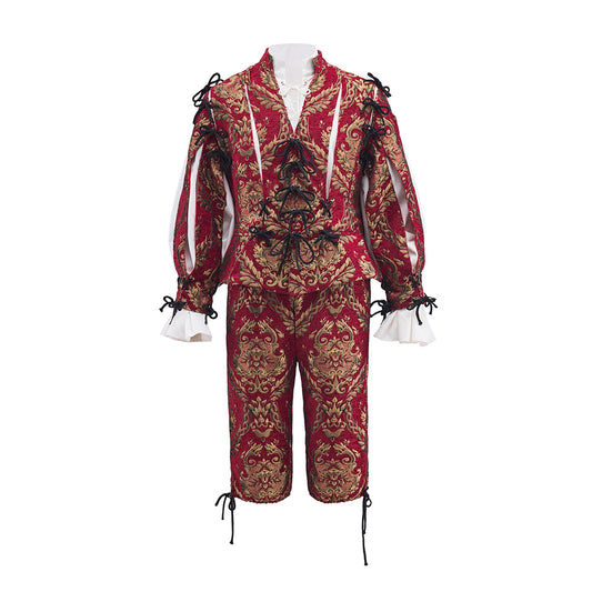Medieval Red Ornate Knightly Ensemble with Intricate Pattern Detailing for Historical Reenactments Halloween and Christmas