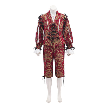 Medieval Red Ornate Knightly Ensemble with Intricate Pattern Detailing for Historical Reenactments Halloween and Christmas