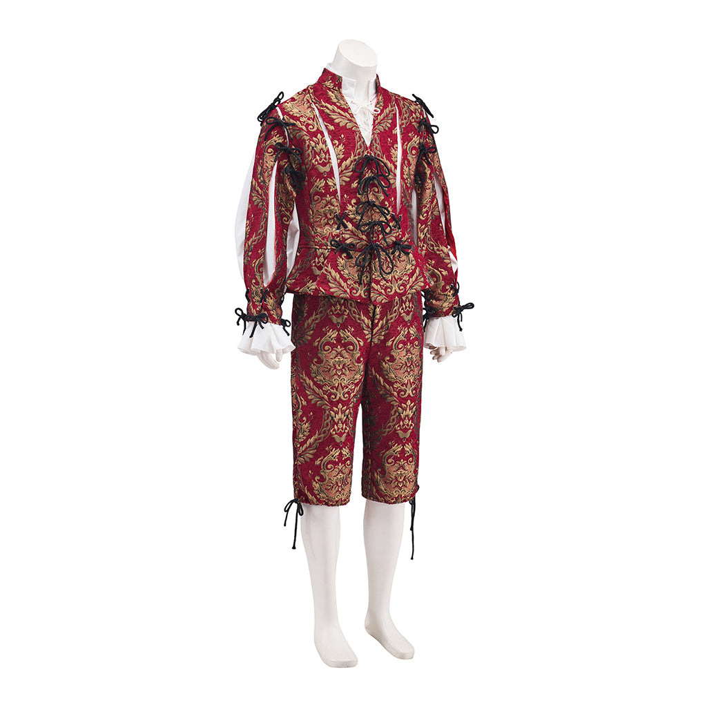 Medieval Red Ornate Knightly Ensemble with Intricate Pattern Detailing for Historical Reenactments Halloween and Christmas