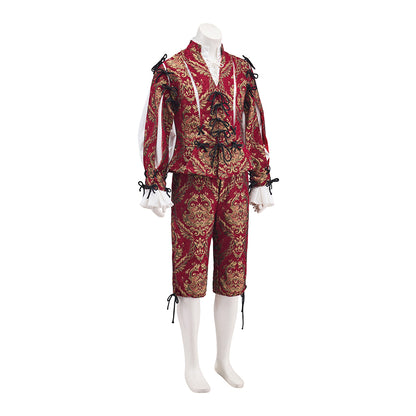 Medieval Red Ornate Knightly Ensemble with Intricate Pattern Detailing for Historical Reenactments Halloween and Christmas