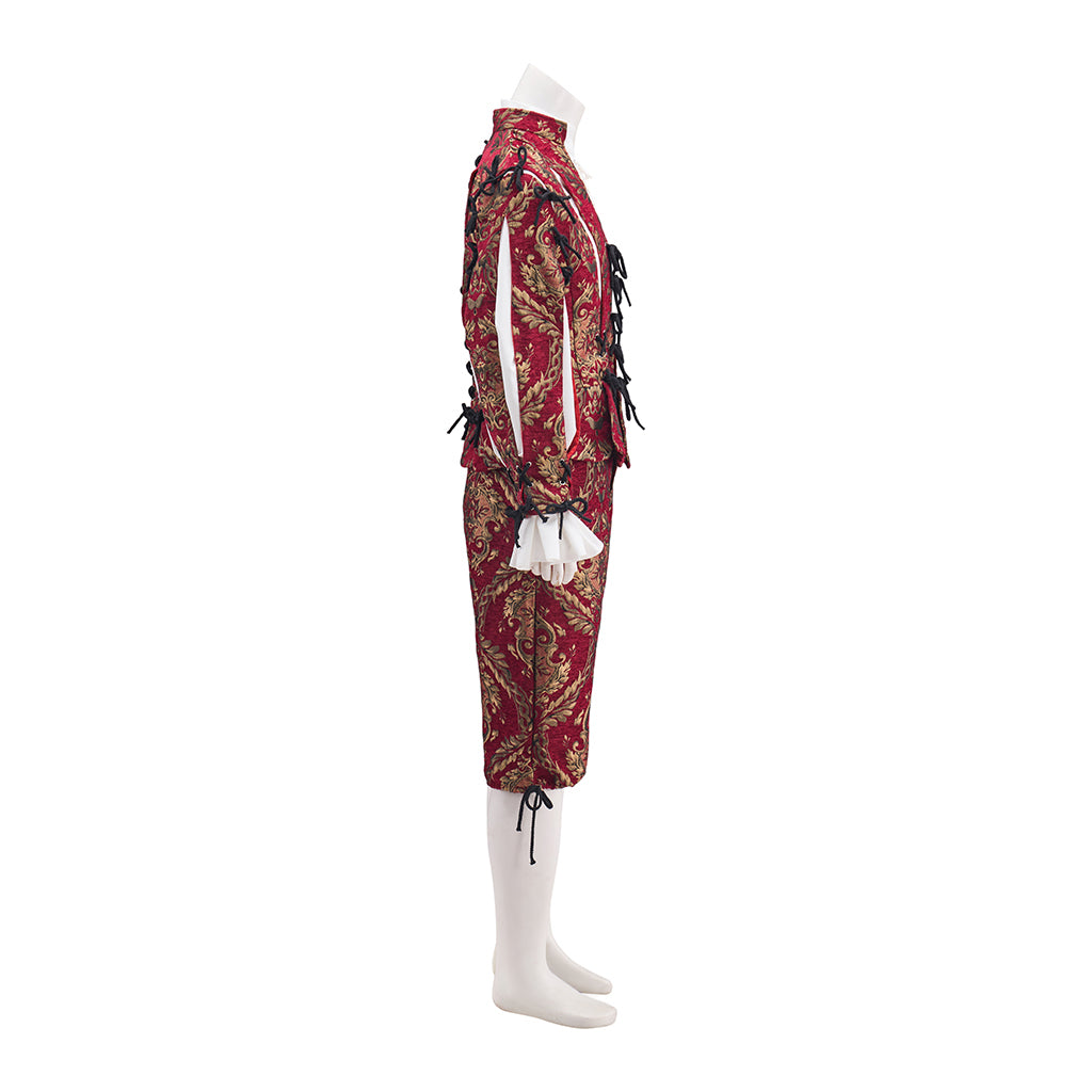 Medieval Red Ornate Knightly Ensemble with Intricate Pattern Detailing for Historical Reenactments Halloween and Christmas