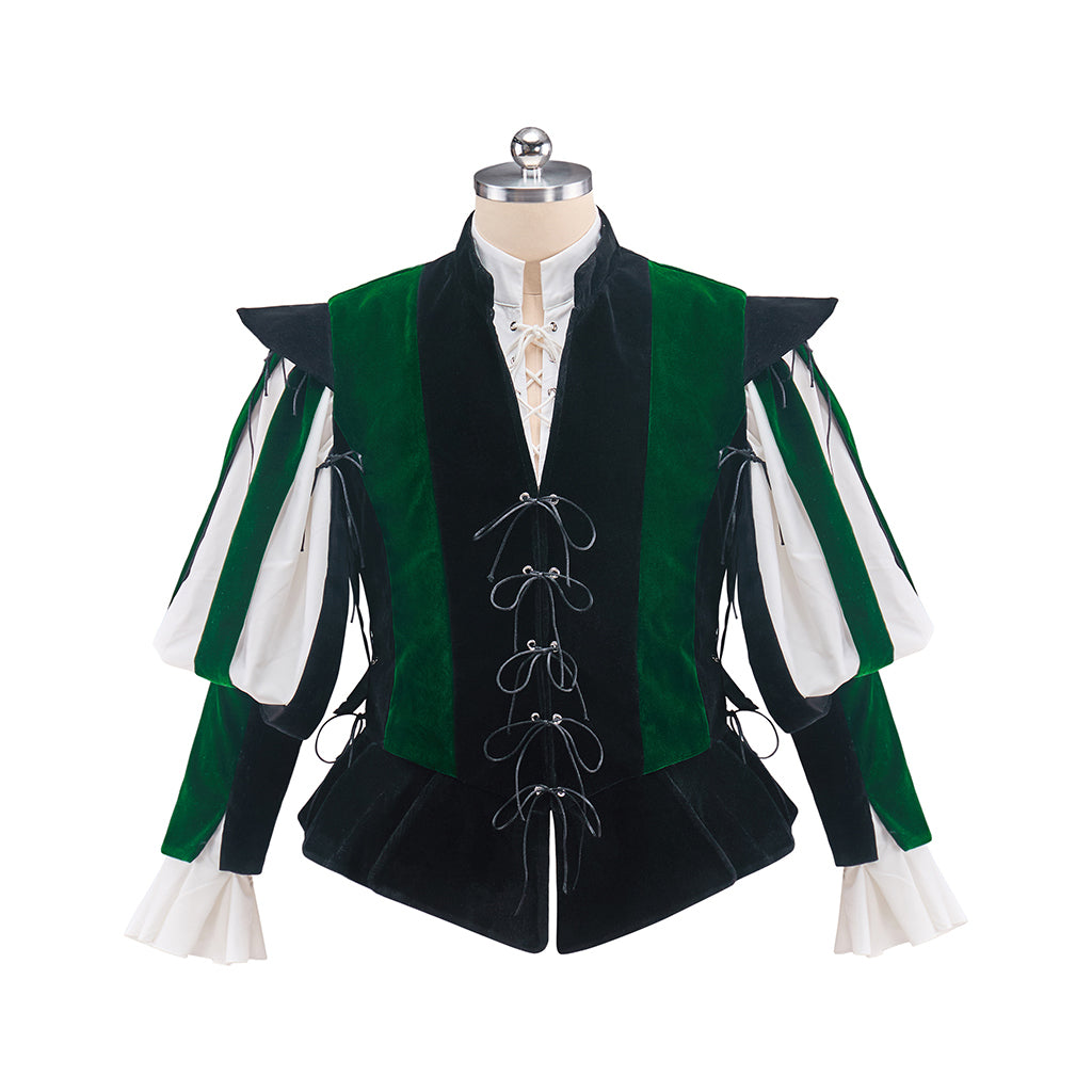 Medieval Green and Black Ornate Vest with Contrasting Sleeves and Lace up Front for Historical Reenactments Halloween and Christmas