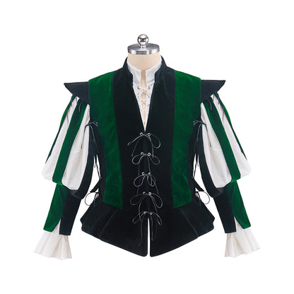 Medieval Green and Black Ornate Vest with Contrasting Sleeves and Lace up Front for Historical Reenactments Halloween and Christmas