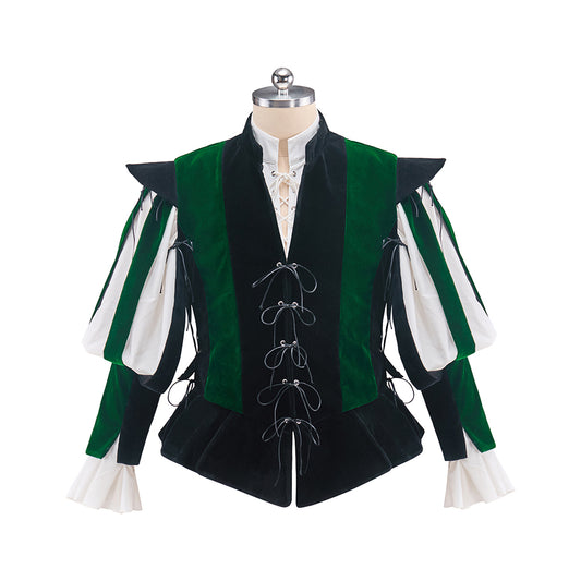 Medieval Green and Black Ornate Vest with Contrasting Sleeves and Lace up Front for Historical Reenactments Halloween and Christmas
