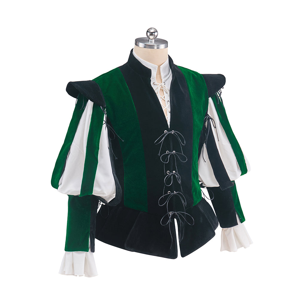 Medieval Green and Black Ornate Vest with Contrasting Sleeves and Lace up Front for Historical Reenactments Halloween and Christmas