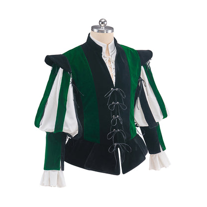 Medieval Green and Black Ornate Vest with Contrasting Sleeves and Lace up Front for Historical Reenactments Halloween and Christmas