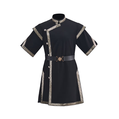 Medieval Black Tunic with Light Colored Trim and Belt Detailing for Historical Reenactments Medieval Themed Events Halloween and Christmas