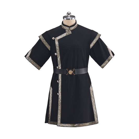 Medieval Black Tunic with Light Colored Trim and Belt Detailing for Historical Reenactments Medieval Themed Events Halloween and Christmas