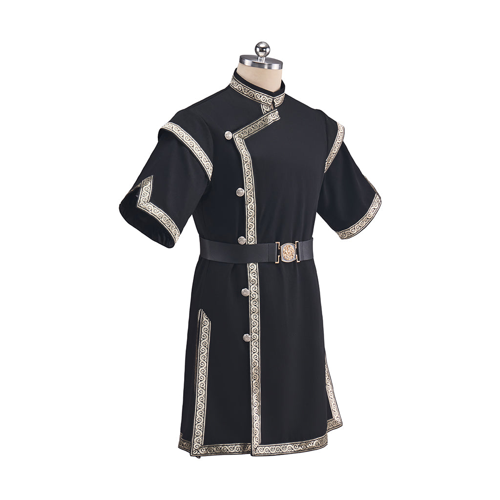 Medieval Black Tunic with Light Colored Trim and Belt Detailing for Historical Reenactments Medieval Themed Events Halloween and Christmas