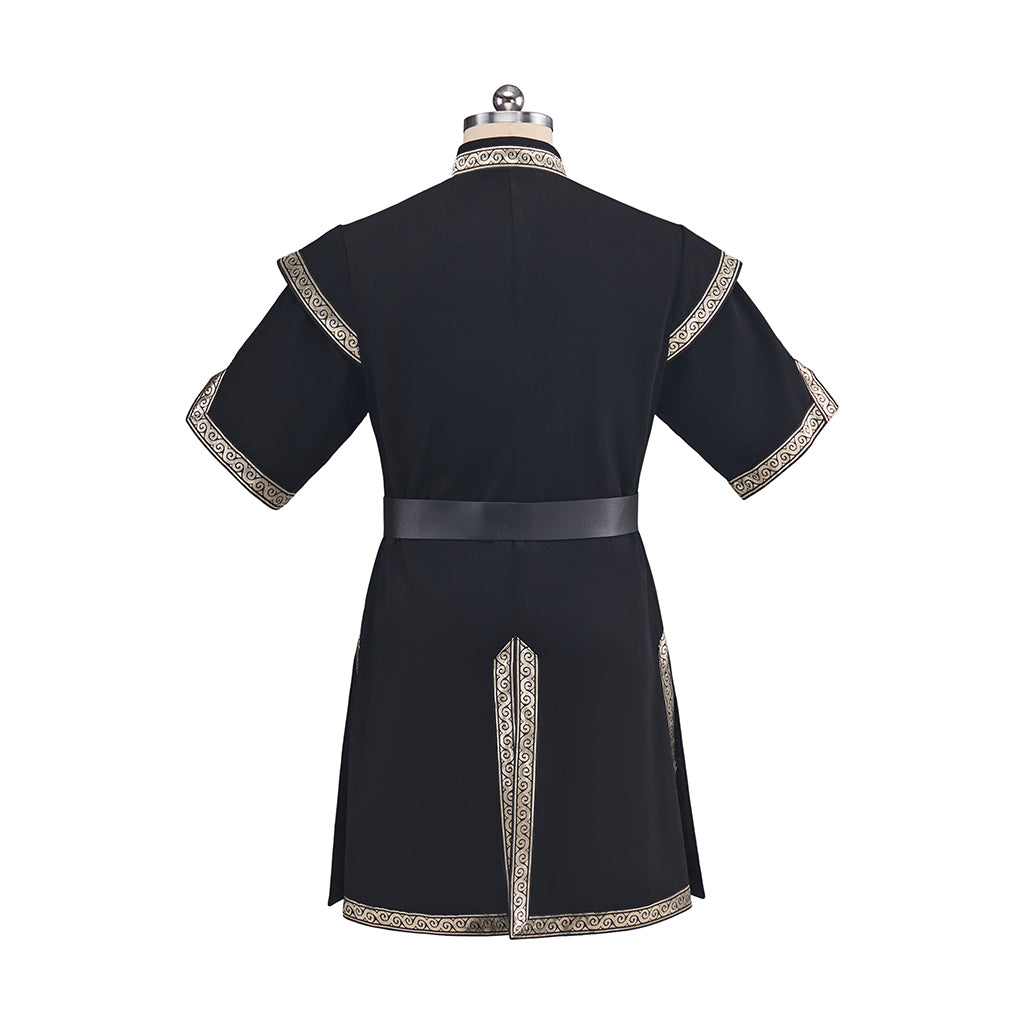 Medieval Black Tunic with Light Colored Trim and Belt Detailing for Historical Reenactments Medieval Themed Events Halloween and Christmas