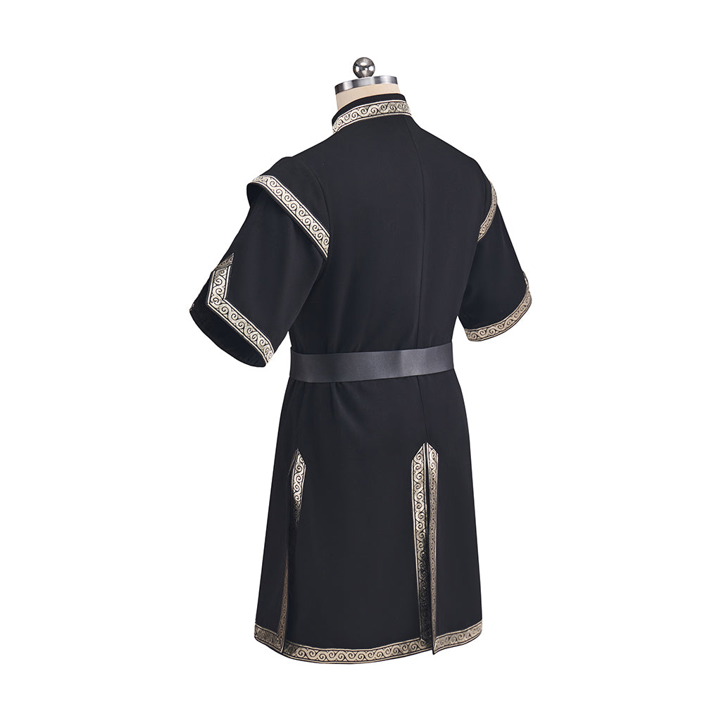Medieval Black Tunic with Light Colored Trim and Belt Detailing for Historical Reenactments Medieval Themed Events Halloween and Christmas