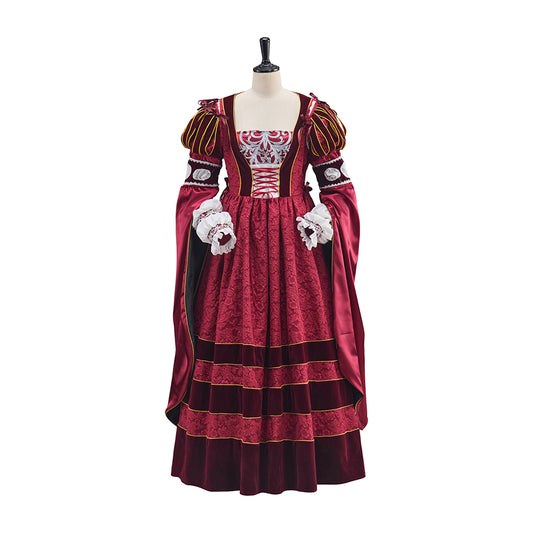 Medieval Red Gown with Dark Striped Detailing and Ornate Cuffed Sleeves for Historical Reenactments  Halloween and Christmas