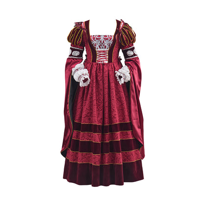 Medieval Red Gown with Dark Striped Detailing and Ornate Cuffed Sleeves for Historical Reenactments  Halloween and Christmas