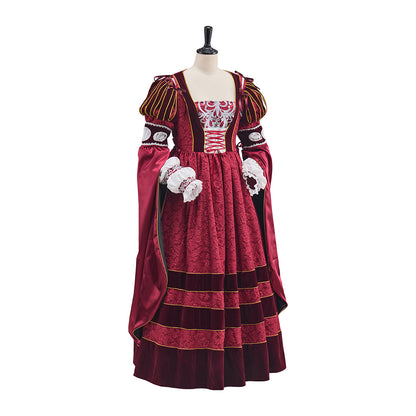 Medieval Red Gown with Dark Striped Detailing and Ornate Cuffed Sleeves for Historical Reenactments  Halloween and Christmas