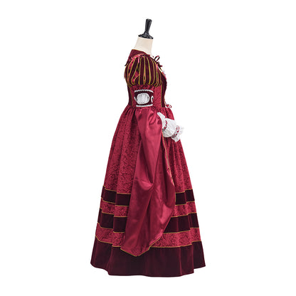 Medieval Red Gown with Dark Striped Detailing and Ornate Cuffed Sleeves for Historical Reenactments  Halloween and Christmas