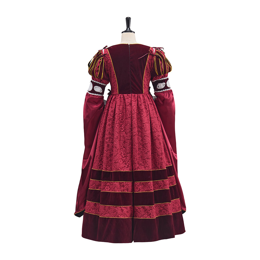 Medieval Red Gown with Dark Striped Detailing and Ornate Cuffed Sleeves for Historical Reenactments  Halloween and Christmas