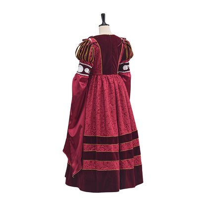 Medieval Red Gown with Dark Striped Detailing and Ornate Cuffed Sleeves for Historical Reenactments  Halloween and Christmas