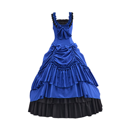 Victorian Blue Sleeveless Gown with Layered Ruffles and Black Trim for Historical Reenactments Medieval Themed Balls Costume Halloween and Christmas