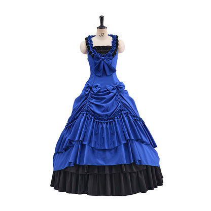 Victorian Blue Sleeveless Gown with Layered Ruffles and Black Trim for Historical Reenactments Medieval Themed Balls Costume Halloween and Christmas