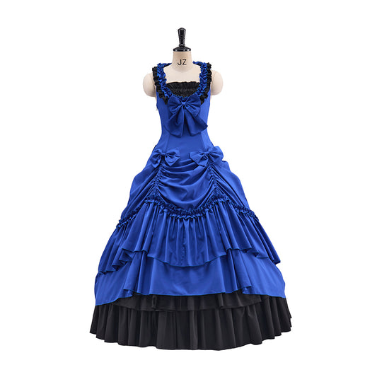 Victorian Blue Sleeveless Gown with Layered Ruffles and Black Trim for Historical Reenactments Medieval Themed Balls Costume Halloween and Christmas
