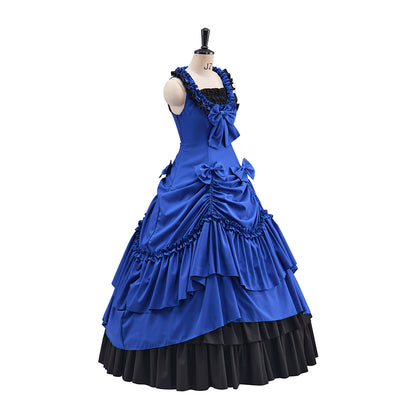 Victorian Blue Sleeveless Gown with Layered Ruffles and Black Trim for Historical Reenactments Medieval Themed Balls Costume Halloween and Christmas