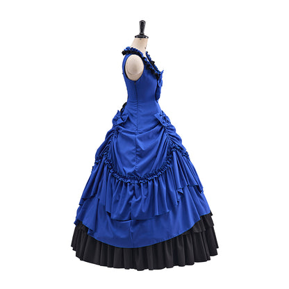 Victorian Blue Sleeveless Gown with Layered Ruffles and Black Trim for Historical Reenactments Medieval Themed Balls Costume Halloween and Christmas
