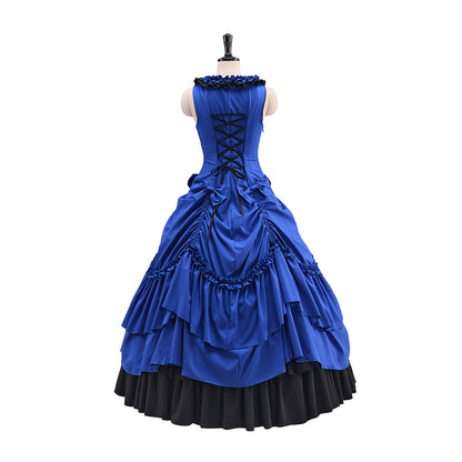 Victorian Blue Sleeveless Gown with Layered Ruffles and Black Trim for Historical Reenactments Medieval Themed Balls Costume Halloween and Christmas