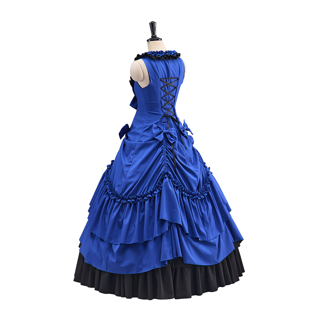 Victorian Blue Sleeveless Gown with Layered Ruffles and Black Trim for Historical Reenactments Medieval Themed Balls Costume Halloween and Christmas