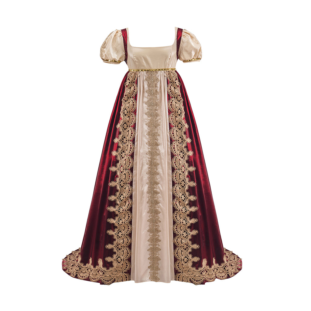 Medieval Beige and Burgundy Gown with Ornate Hem Detailing for Historical Reenactments Halloween and Christmas