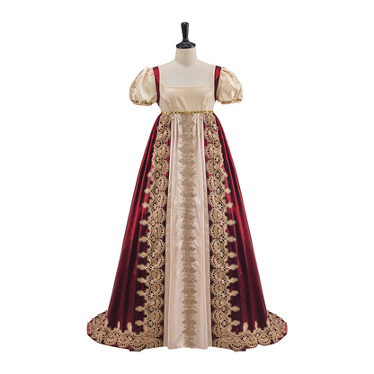 Medieval Beige and Burgundy Gown with Ornate Hem Detailing for Historical Reenactments Halloween and Christmas