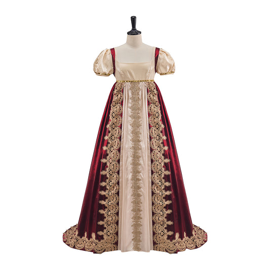 Medieval Beige and Burgundy Gown with Ornate Hem Detailing for Historical Reenactments Halloween and Christmas