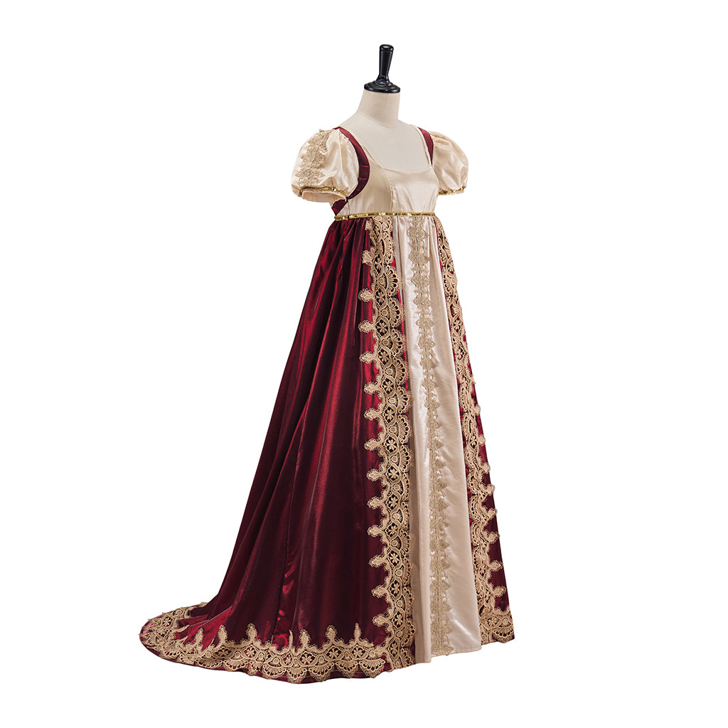 Medieval Beige and Burgundy Gown with Ornate Hem Detailing for Historical Reenactments Halloween and Christmas