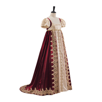 Medieval Beige and Burgundy Gown with Ornate Hem Detailing for Historical Reenactments Halloween and Christmas