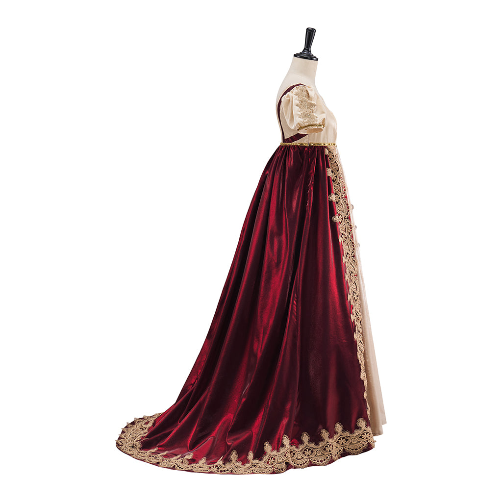 Medieval Beige and Burgundy Gown with Ornate Hem Detailing for Historical Reenactments Halloween and Christmas