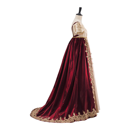 Medieval Beige and Burgundy Gown with Ornate Hem Detailing for Historical Reenactments Halloween and Christmas