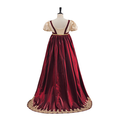 Medieval Beige and Burgundy Gown with Ornate Hem Detailing for Historical Reenactments Halloween and Christmas