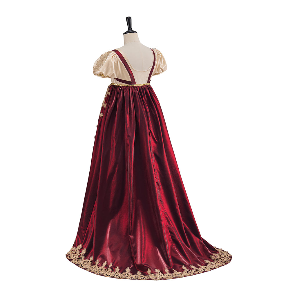 Medieval Beige and Burgundy Gown with Ornate Hem Detailing for Historical Reenactments Halloween and Christmas