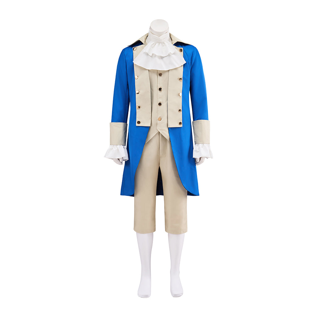 Medieval Blue Coat with White Ruffled Detailing Beige Waistcoat and Breeches for Historical Reenactments Halloween and Christmas