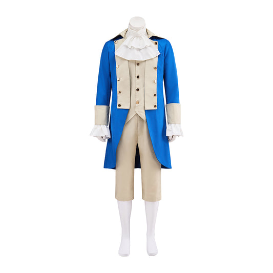 Medieval Blue Coat with White Ruffled Detailing Beige Waistcoat and Breeches for Historical Reenactments Halloween and Christmas